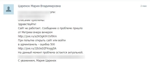 написала на хостинг об ошибке 500 на сайте