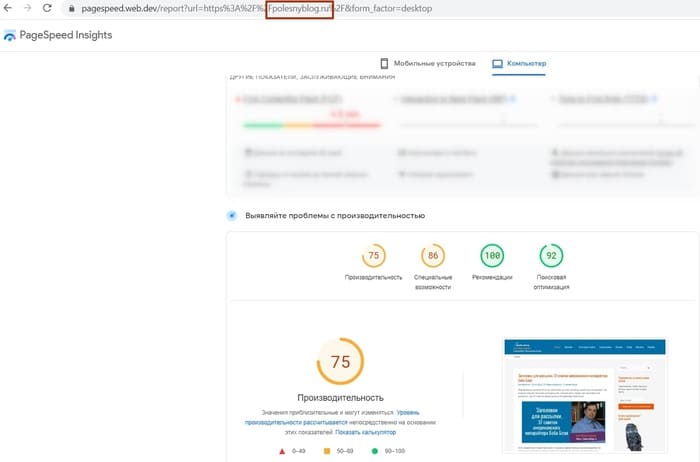 PageSpeed Insights с показателями оптимизации сайта
